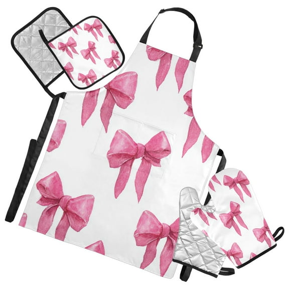 Pink Bowknots Watercolor Apron Set with Oven Mitts Pot Holders Set of 5 Kitchen Stuff Accessories