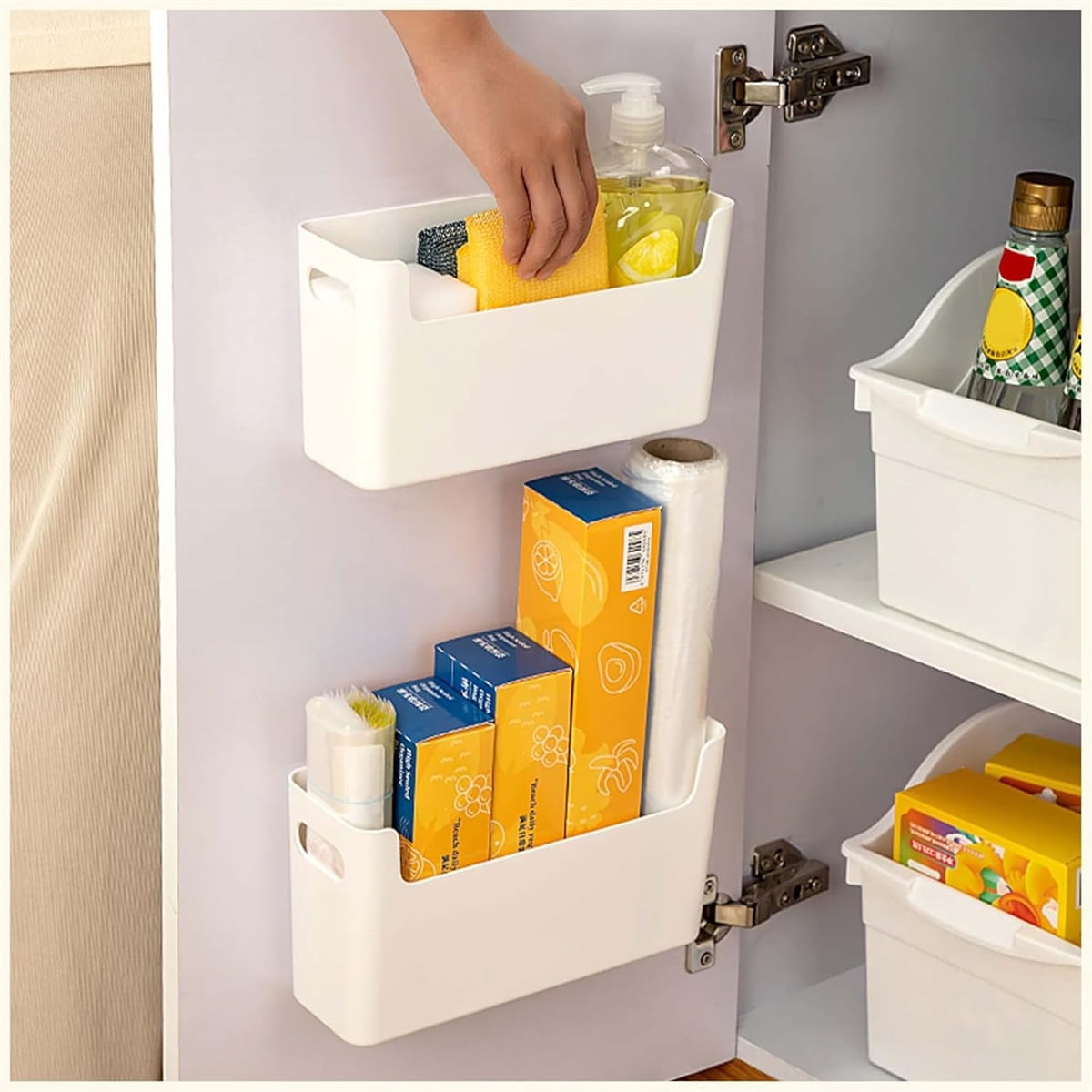 4 Pack Adhesive Cabinet Door Organizer, GIXUSIL No Drilling Wall Mounted Pantry Door Organizer, Bin Holder for Lid Kitchen Wall Under Sink Basket, Organizer Storage for RV Kitchen Bathroom