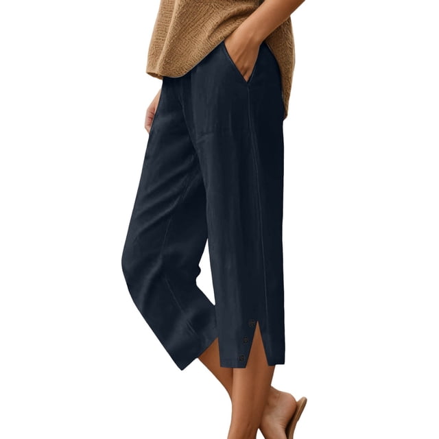 Shorts for Women - Knee Length Linen Capris, Lightweight Summer Straight Leg Beach Shorts with Pockets