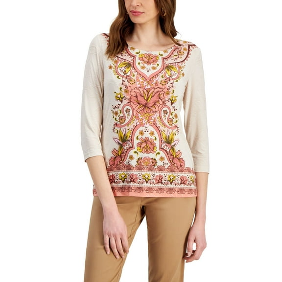 JM Collection NEO NATURAL COMBO Women's Printed Jacquard Top, US Medium
