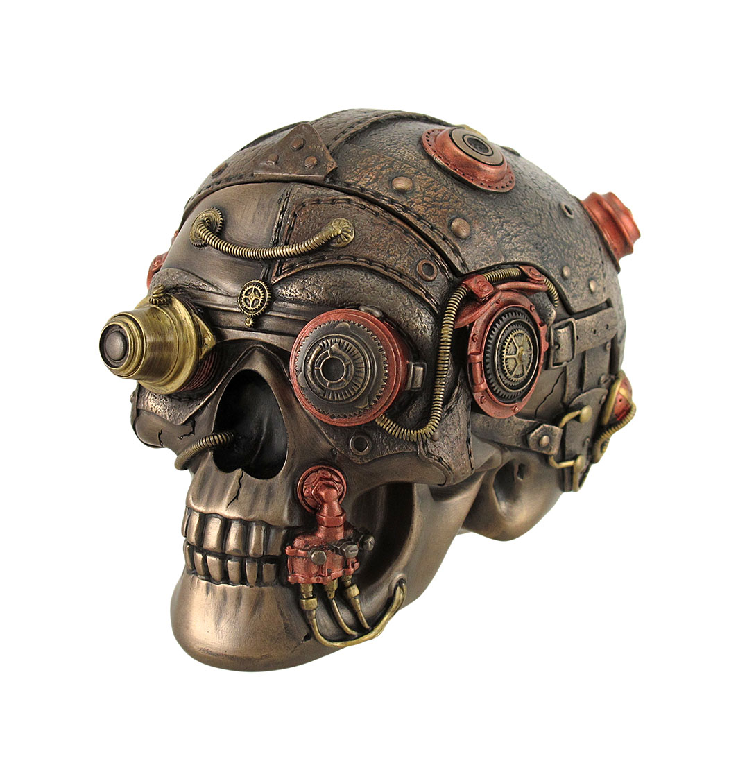 Bronze Finish Leather Look Gearhead Steampunk Skull Trinket/Stash Box  Halloween