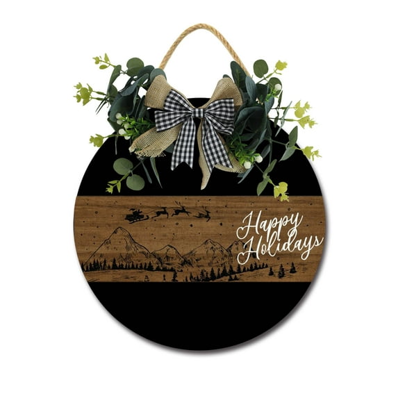 Happy Holiday Front Door Sign Funny Wreaths Hanging Wooden Plaque Decoration Round Rustic Wood Farmhouse Porch Decor for Home Front Door Decor, 11 x 11 Inch