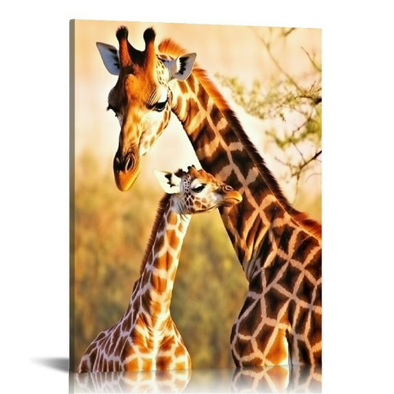 COMIO Square Canvas Print Wall Art for Bathroom/Kitchen/Kids Bedroom Wall Decor Mother Giraffe Kissing Baby Giraffe Giclee Print Canvas Wrap Framed and Ready to Hang-12x16in