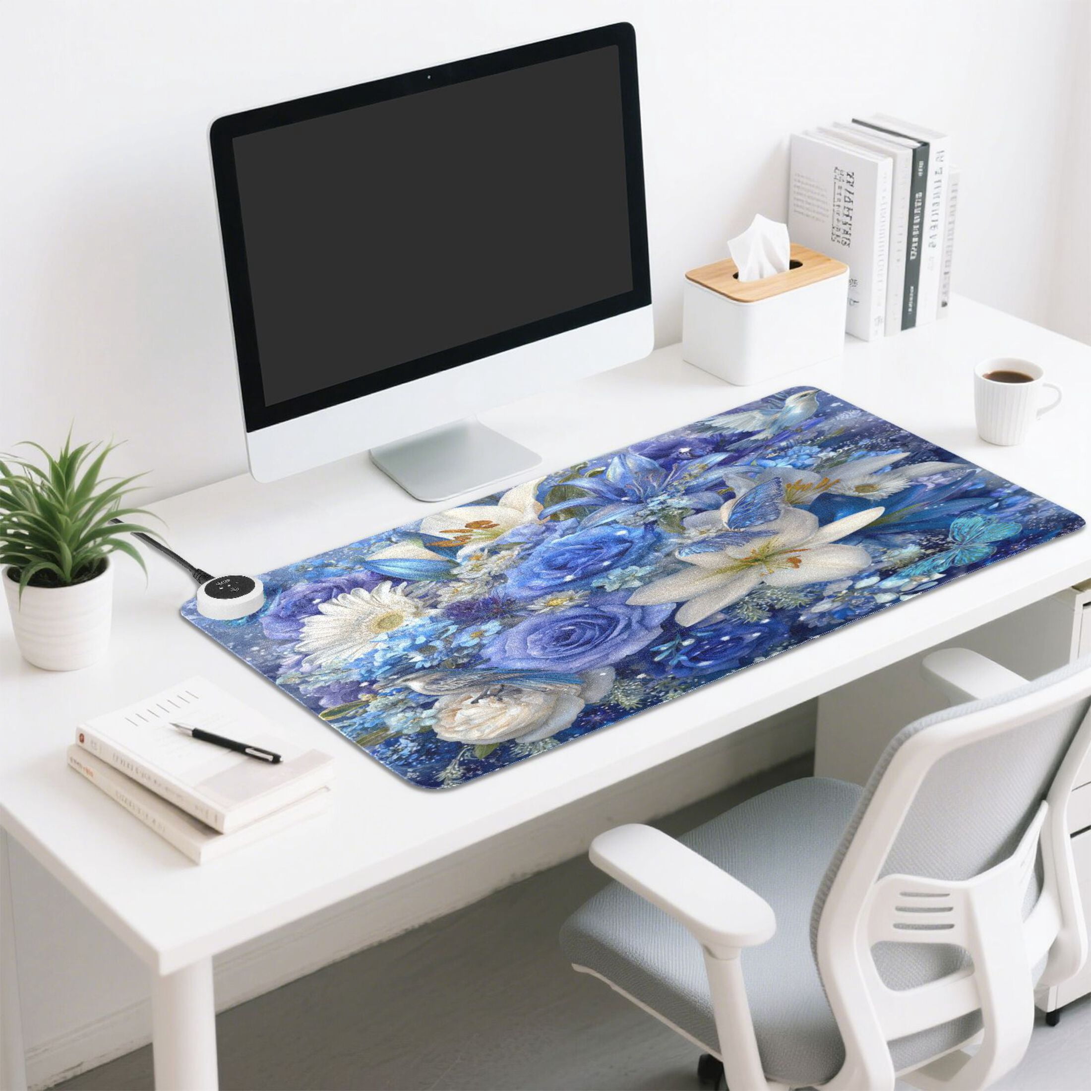 Large Heated Desk Mat Mouse Pad 31.5"x13"PU Leather Graphene Heating Desk Warmer with 3 Temperature Settings 110V US Plug Non-Slip Warm Pad for Home, Office, and Gaming Blue and White Crystal Roses