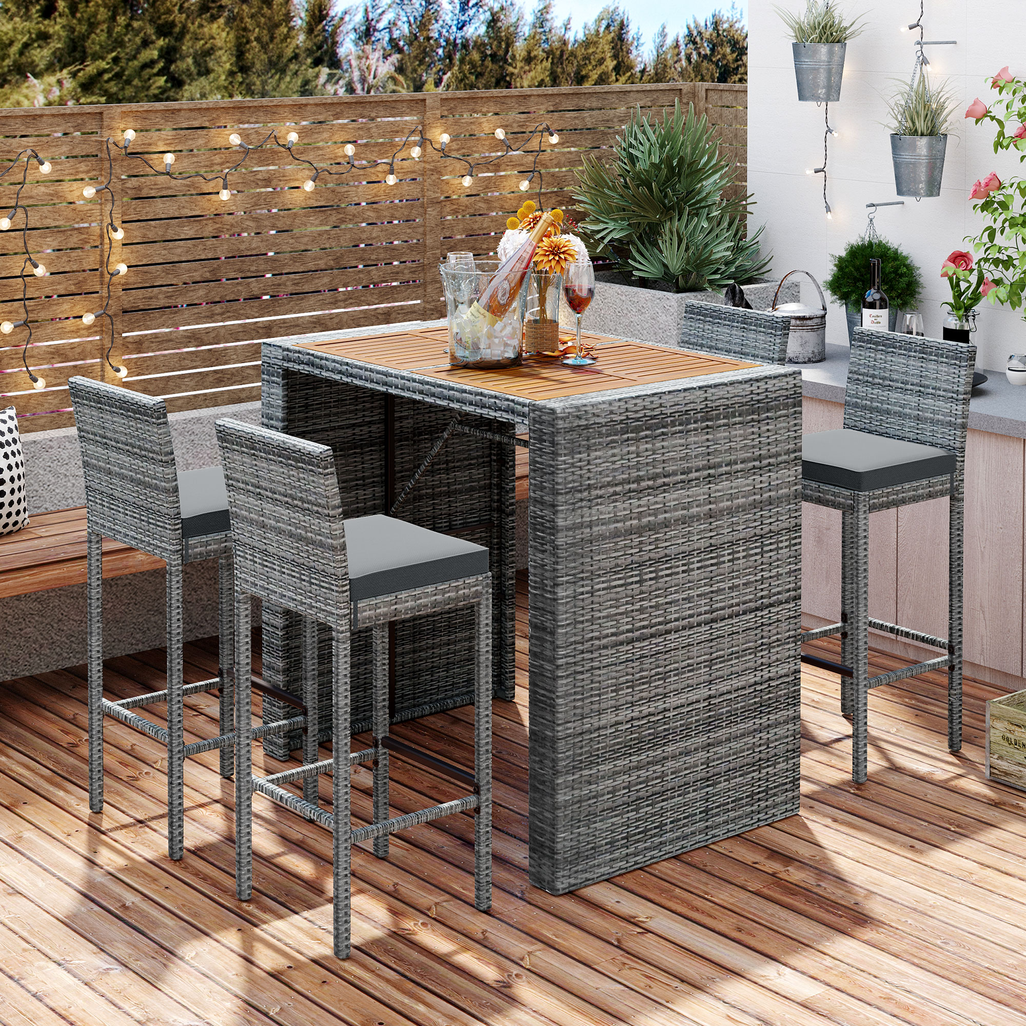 5-pieces Outdoor Patio Wicker Bar Set, Bar Height Chairs With Feet And Fixed Rope, Removable Cushion, Acacia Wood Table , Brown Wood And Gray Wicker - image 2 of 10