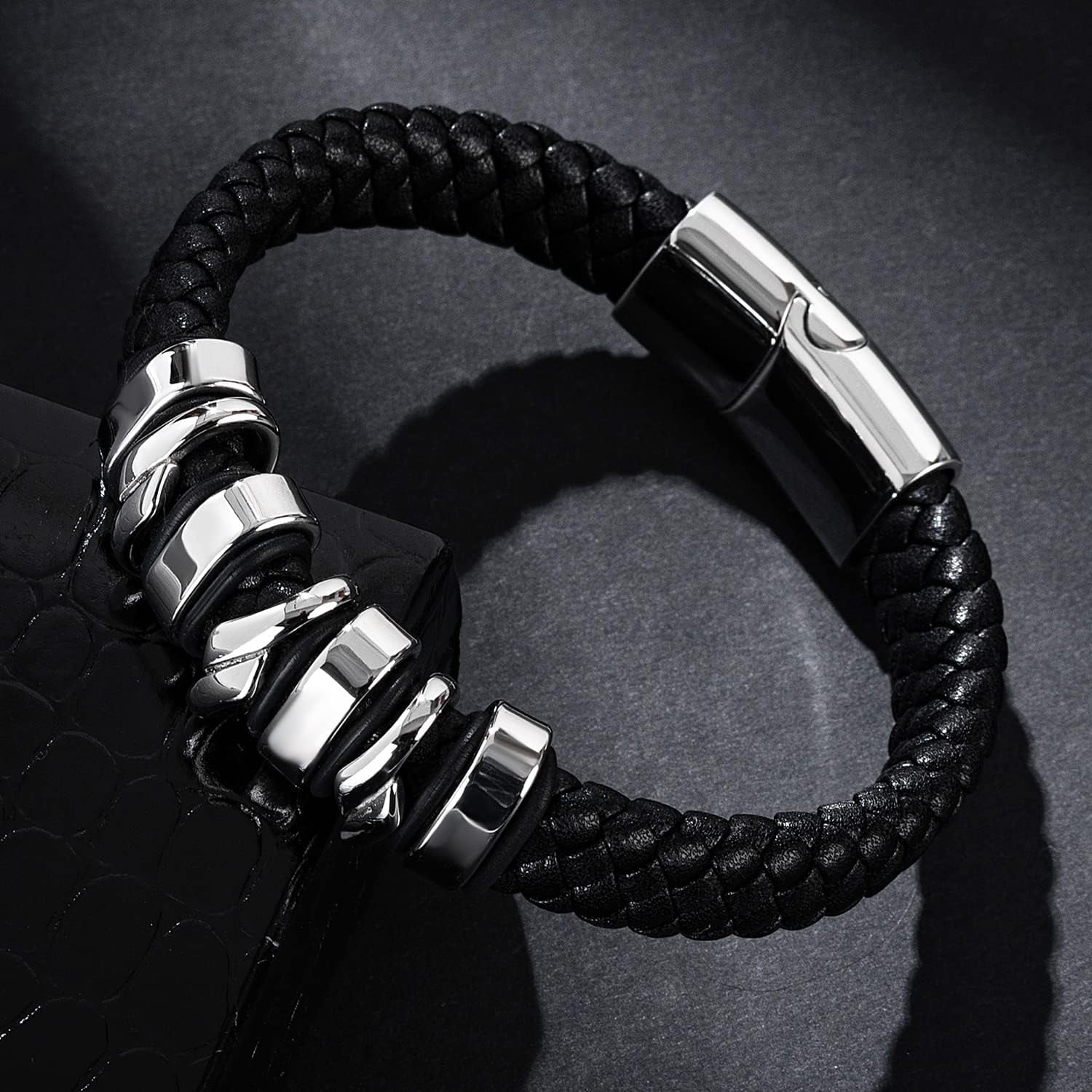 Leather Bracelet for Men Braided Cuff Wristband Stainless Steel Clasp in Silver and Gold Jewellery Gift