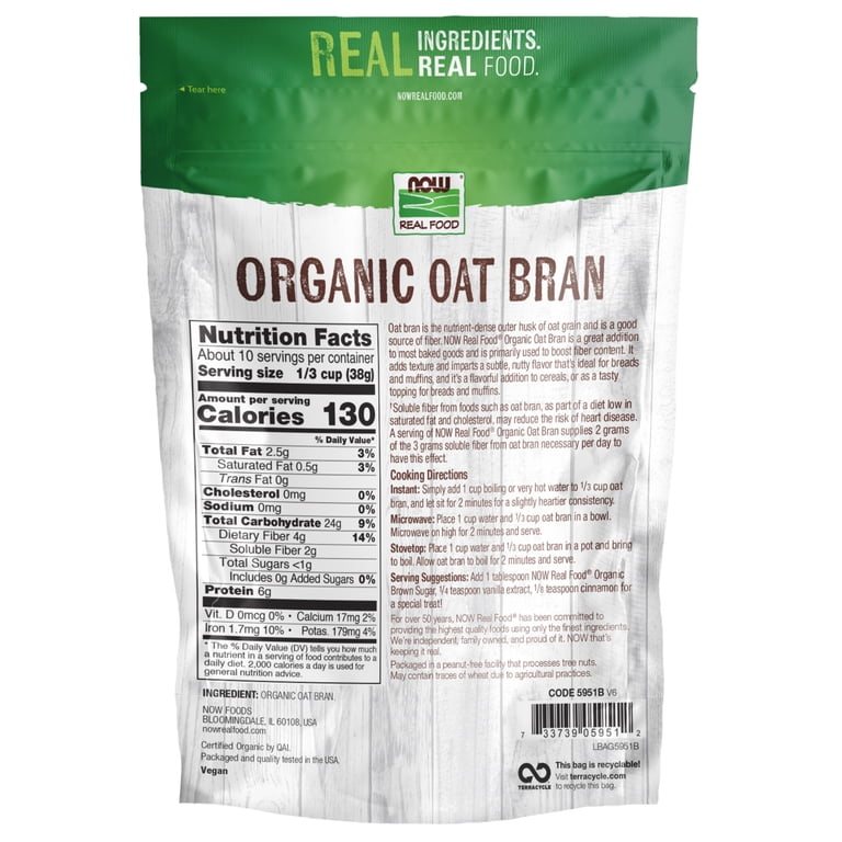 NOW, Organic Oat Bran, 14-Ounce, Source of Fiber and Protein