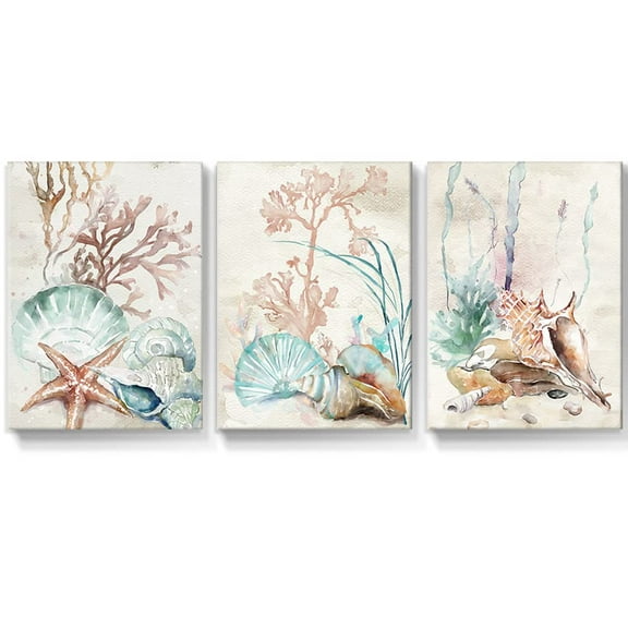 Coastal Canvas Wall Art Paintings Shell Starfish Coral Conch Picture Watercolor Art Wall Decor Framed Prints Artwork for Bathroom Kitchen Bedroom Living Room 12x16 Inch, 3 panels
