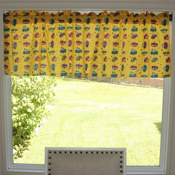 Cotton Window Valance Automobile Print 58 Inch Wide Cars and Trucks Yellow