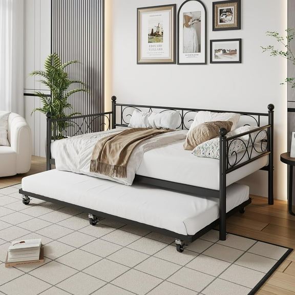 Twin Daybed with Trundle, Metal Trundle Bed, Sofa Bed Frame, Heavy Duty Metal Slats, for Living Room, Bedroom, Guest Room, Space Saving, Black