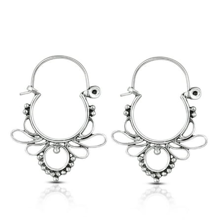 Elegant Bali Inspired Swirling Accents Sterling Silver V-Lock Hoop Earrings