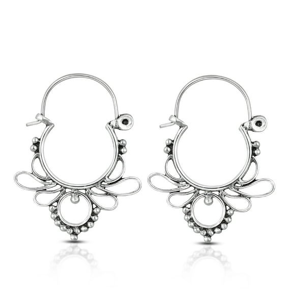 Elegant Bali Inspired Swirling Accents Sterling Silver V-Lock Hoop Earrings