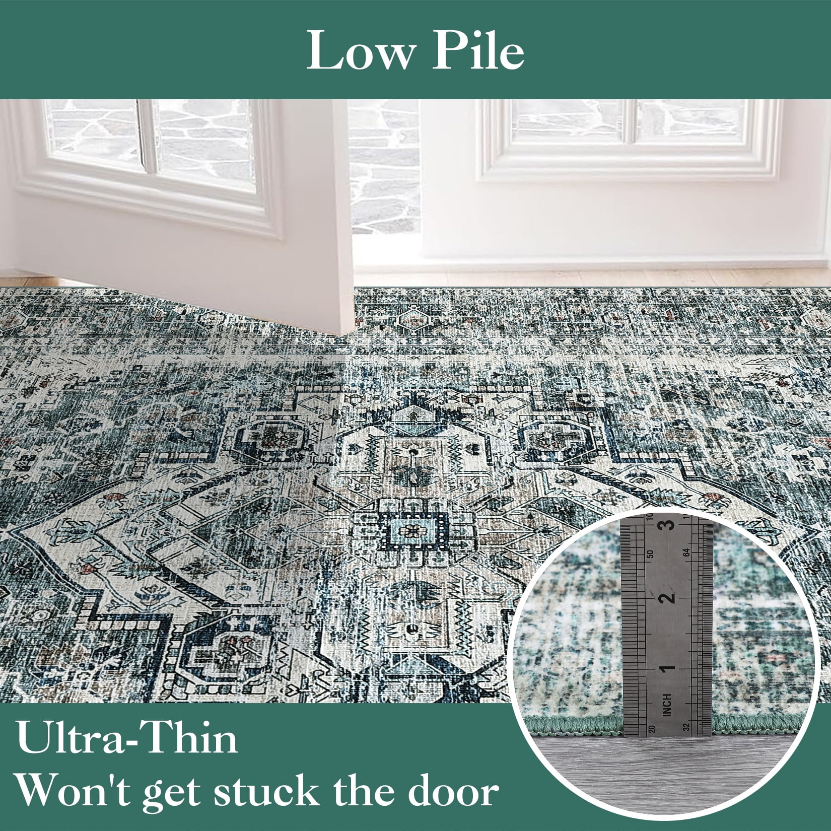 Hasoo Area Rug for Living Room 8' x 10' Vintage Carpet Machine Washable Rugs Bedroom Blue/Green
