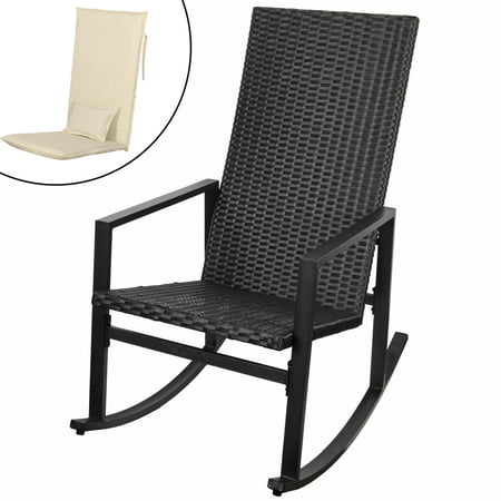 Sundale Outdoor Indoor Wicker Rocking Chair with Cushion and Pillow All- Weather Rocker Armchair Rattan Furniture for Patio, Pool, Deck, Home, Weight Capacity 220 LBS, Light