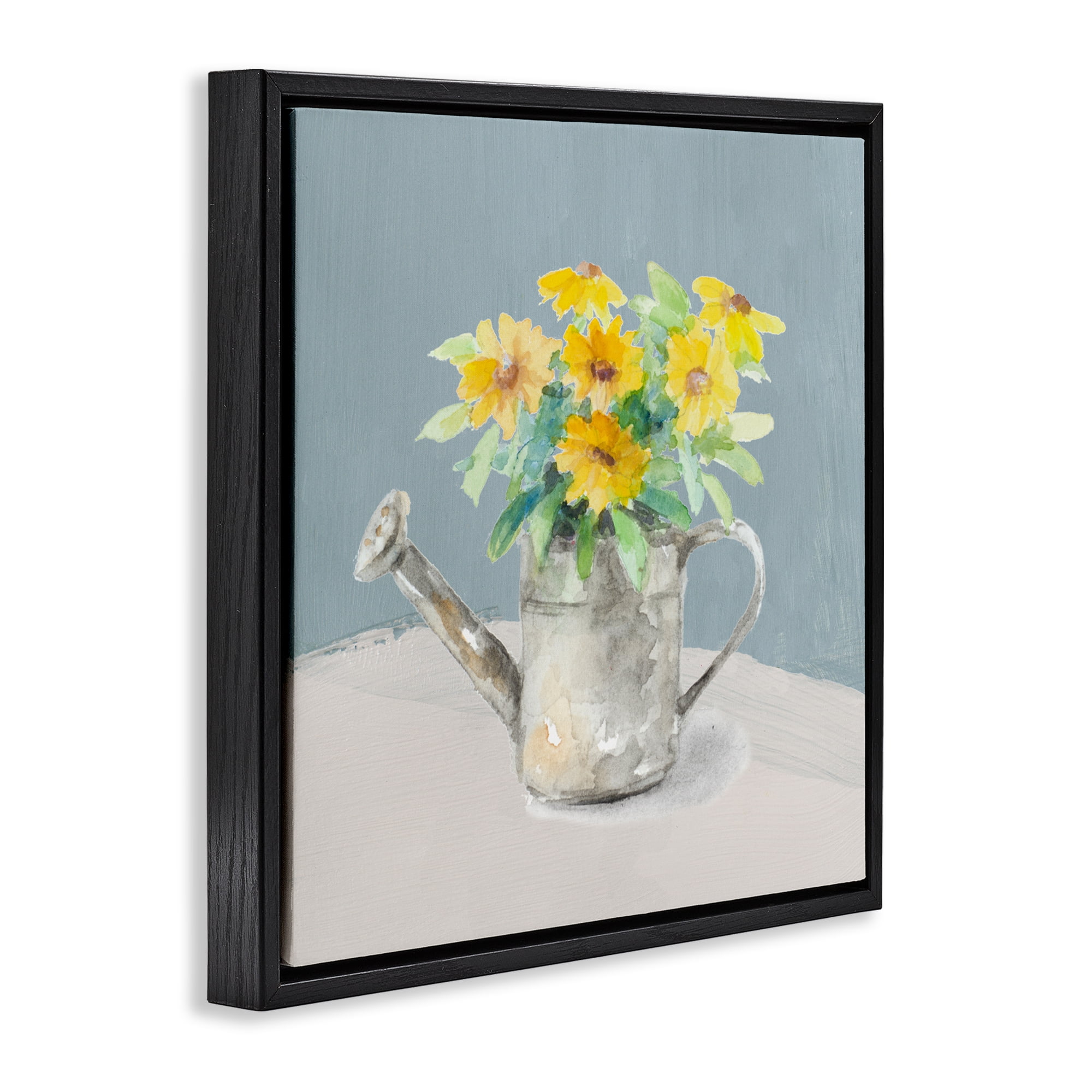Stupell Industries Daisies in Watering Can Black Framed Floater Canvas Wall Art, design by Lanie Loreth
