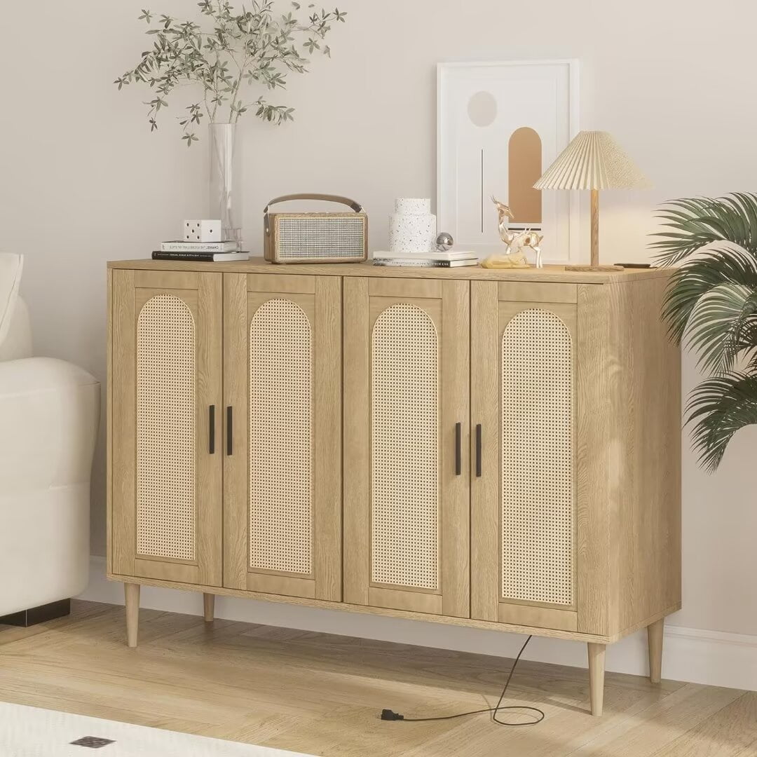 Sideboard Buffet Rattan Cabinet, Accent Storage Cabinet, Boho Large Kitchen Storage Cabinet with Power Outlet, Adjustable Shelves for Living Room, Hallway, Entryway