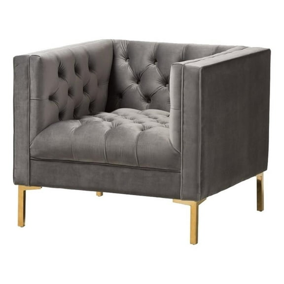 Bowery Hill 17.32" Velvet Button Tufted Lounge Chair in Gray/Gold