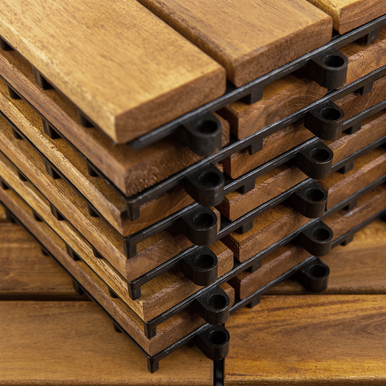 12" x 12" 6-Slat Acacia Wood Interlocking Deck Tiles, Weatherproof Floor Tiles for Patio, Balcony, Poolside, Bathroom & Indoor/Outdoor Use