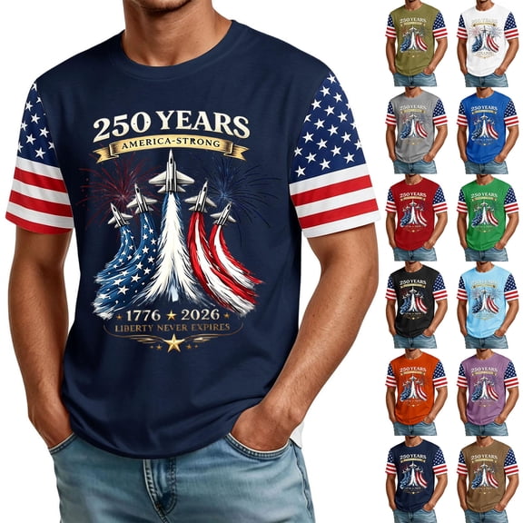 Men's US 250th Anniversary T-Shirt with Jet Smoke Flag and America Strong Text Featuring Star Spangled Sleeves Army Green L