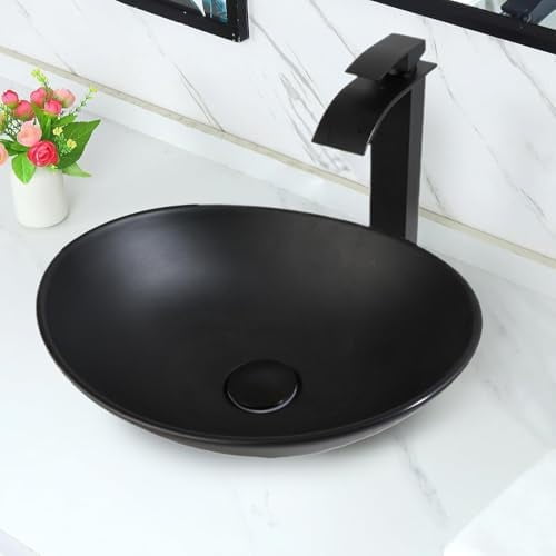 16" Black Stone Resin Vessel Sink With Drain Bathroom Above Counter Oval Sink Bowl Modern For Bathroom Sink$$Tools & Hardware Other