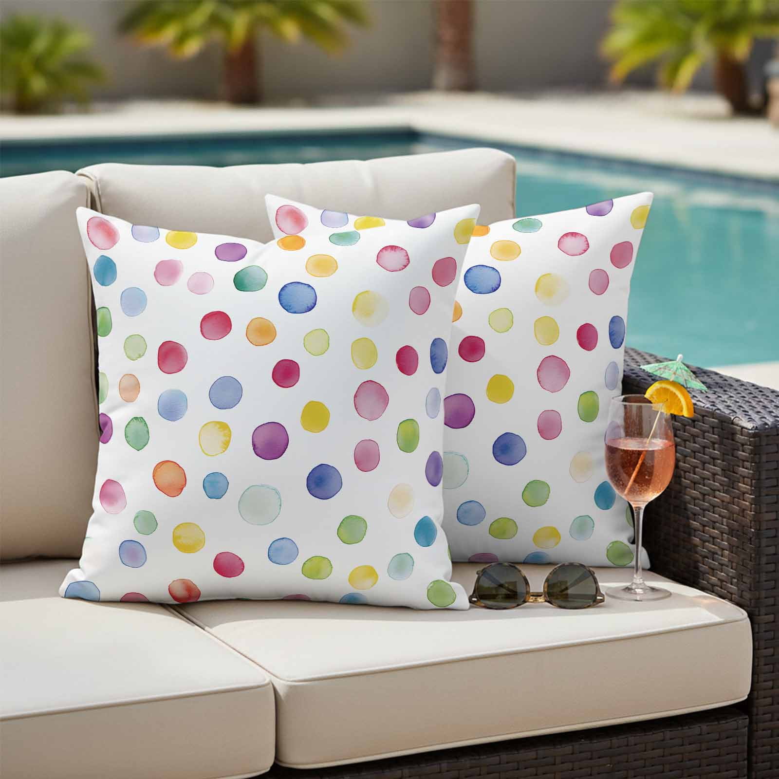 Colorful Polka Dot Outdoor Waterproof Pillow Covers, Rainbow Polka Dot Watercolor Decorative Square Throw Pillowcase Sofa Cushion Sham for Patio/Couch/Chair, 18"x18" 2 Pack