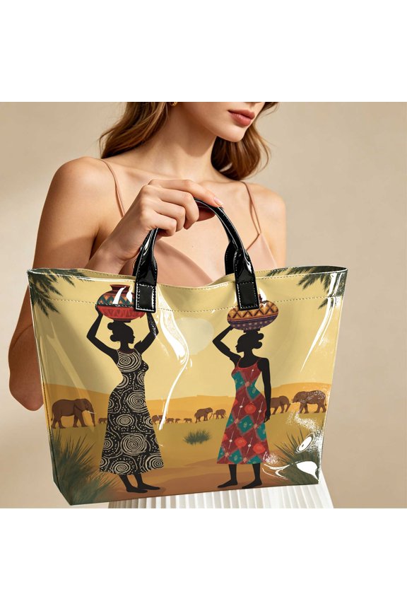 1pc Earth Tone Desert Tribal Pot Carrier Elephant Art 2D Flat Pattern Tote Bag, Women Work & Outdoor Outing Handbag, Ethnic Safari Aesthetic Shopper, Kwanzaa Christmas Gift for Ethnic Art Lovers