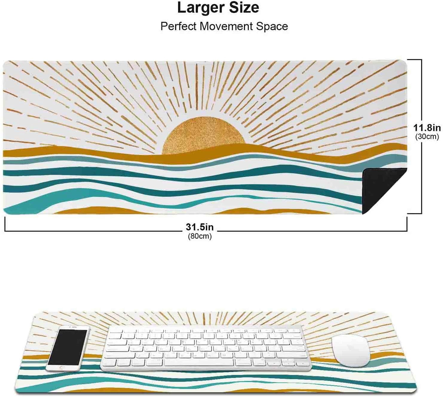 Large Gaming Mouse Pad, Keyboard Mouse Mat,Non-Slip Rubber Base Mousepad with Stitched Edges, Waterproof Keyboard Mouse Mat Desk Pad for Work, Laptop, 31.5 X 11.8 Inch, Gold Sun and Teal Ocean Waves