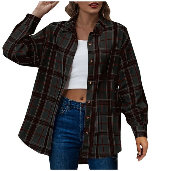 Womens Lined Flannel Jacket with Hand Pockets Fashion Print Casual Long Sleeve Turndown Collar Button Shirt Tops Jackets Fall Winter Warm Coat Black,2XL