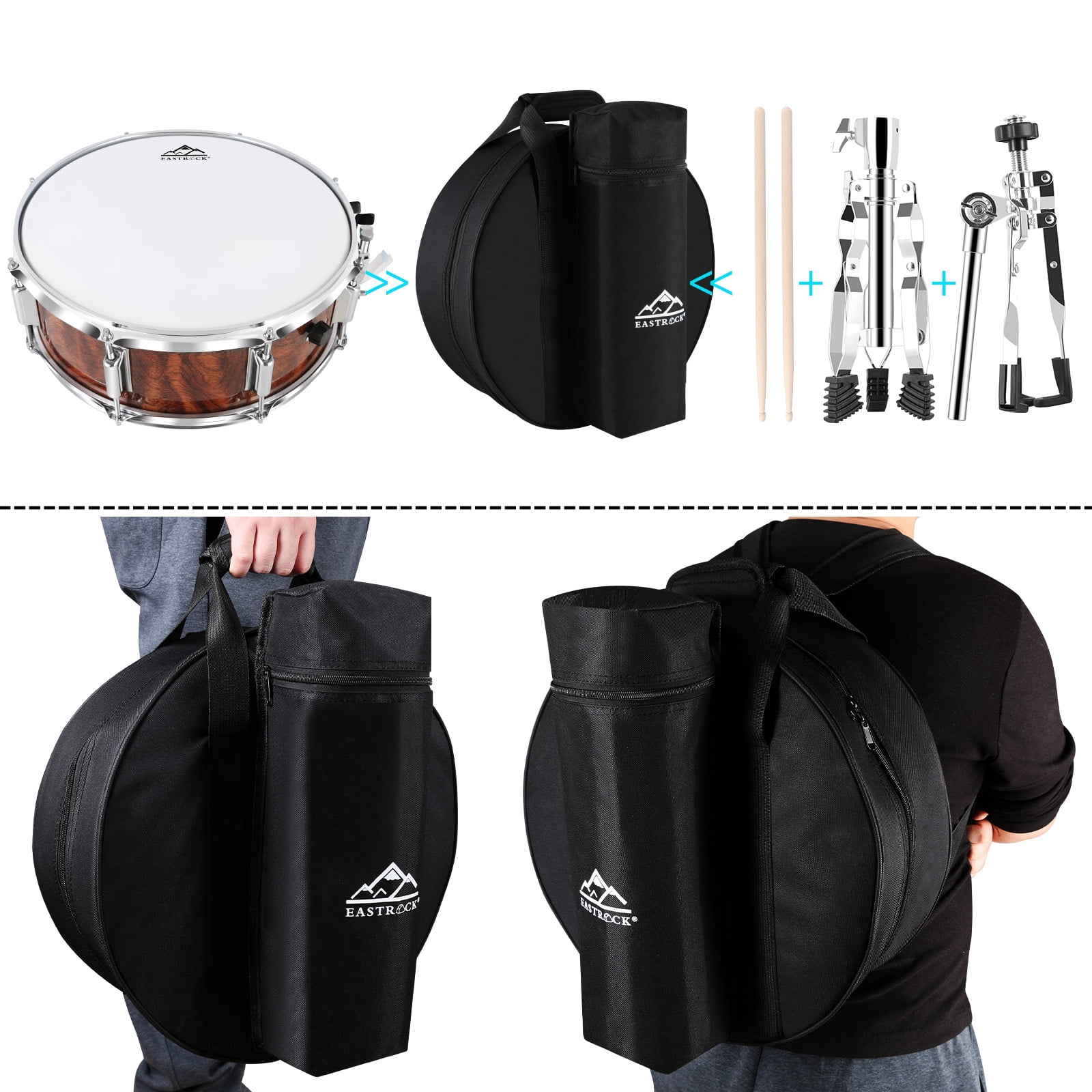 EASTROCK 14x5.5 Stage Snare Drum 10-Lug Tension System with Drumsticks Oxford Backpack for Beginner Drummer (Tiger Stripes)