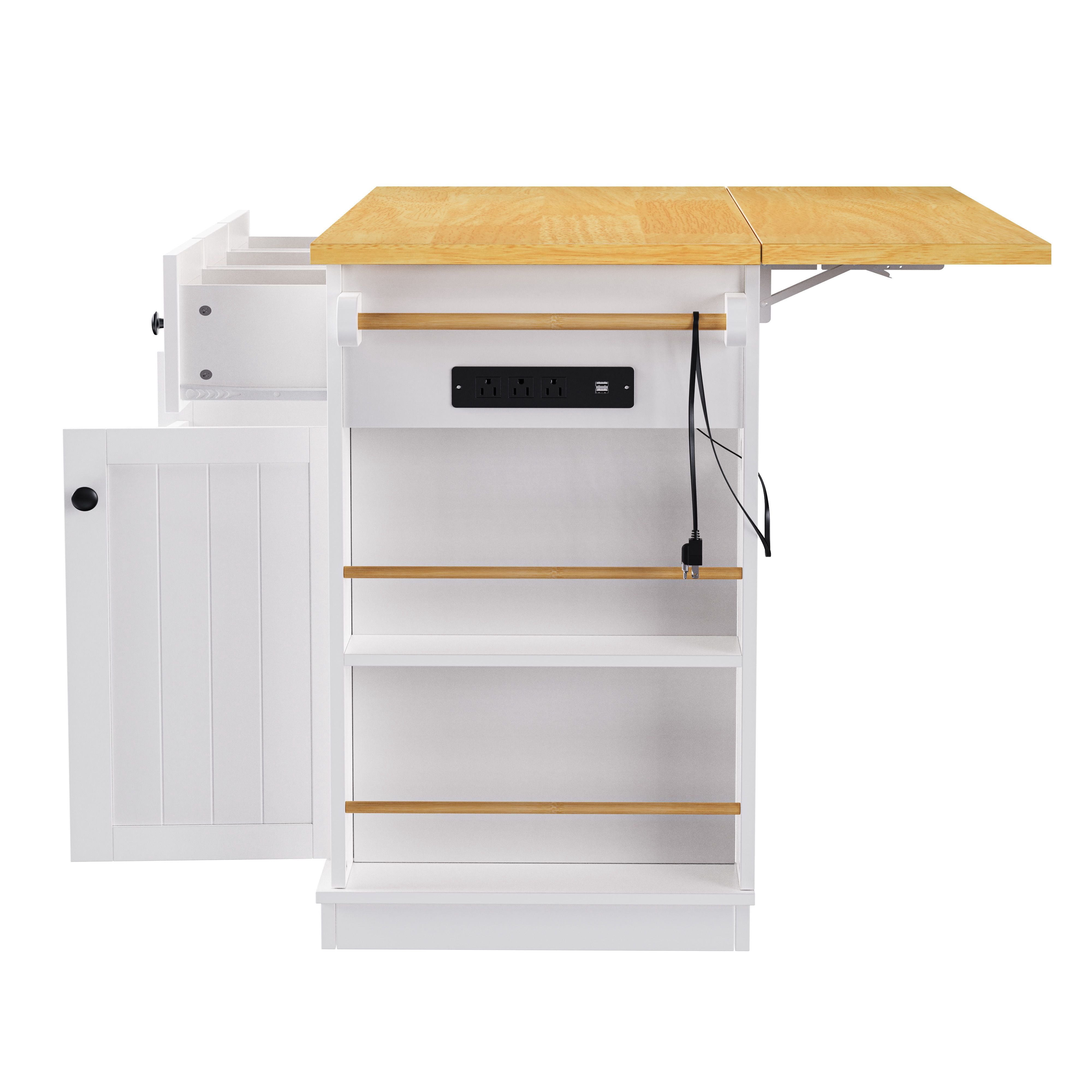 53" Island Table for Kitchen with Drop Leaf, Power Outlet, Kitchen Island with Storage, Rolling Kitchen Cart on 5 Wheels with 5 Open Side Racks (Not include bar stools)