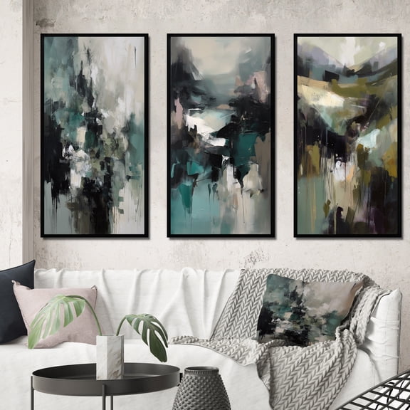 Designart "Delicate Brushstroke Abstract III" Abstract Framed Wall Art Set Of 3 - Green Painting Frame Canvas Set For Living Room Decor