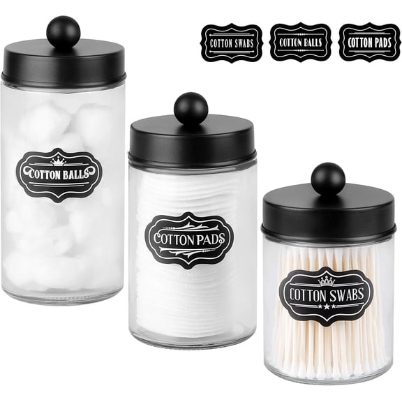 Apothecary Jars 3 Pack - Glass Bathroom Containers with Stainless Steel Lids - Rustic Farmhouse Decor Bathroom Accessories, Vanity Organizer Apothecary Jars for Qtip/Cotton Balls (Matte Black)