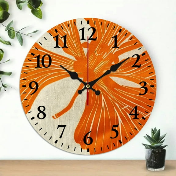 Pratyus Flower Orange Abstract Wall Clock Decor 10-inch Round Silent Battery Operated for Living Room Bedroom Kitchen Bathroom 10x10in