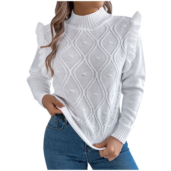 Ltctricy Women's Sweaters Long Sleeve Mock Neck Ruffle Trim Hollow out Chunky Knit Pullover Sweater Tops Soft Casual Sweaters(White,X-Large)
