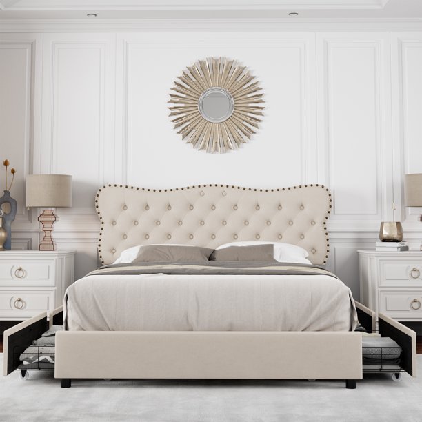 Homfa Beige Queen Bed Frame with Drawer, Linen Upholstered Storage