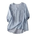 thumbnail image 2 of Dezsed Women's Floral Embroidery Linen Shirts 3/4 Sleeve V-Neck Tunic Tops Summer Casual Loose Blouses Blue M, 2 of 7