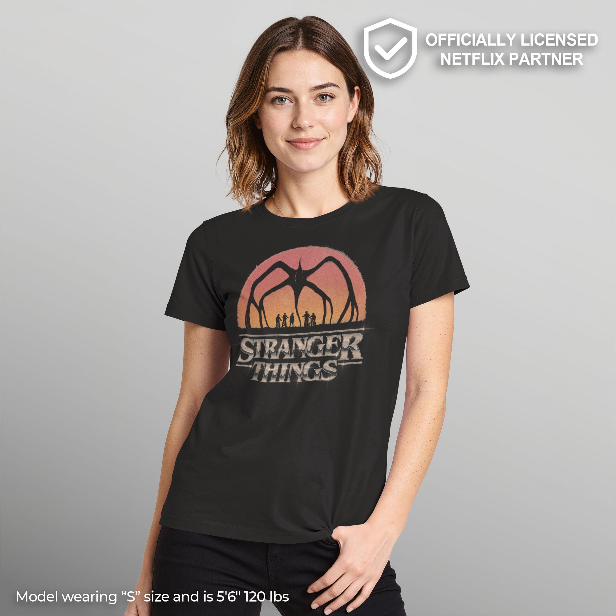 Netflix Women's Stranger Things Mind Flayer Sunset Chrome Logo T Shirt