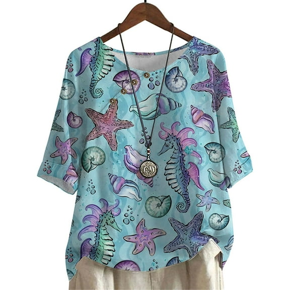 CLOOCL Crew Neck Blouse Fantasy Seashell Printing T-Shirt Plus Size Women Clothing