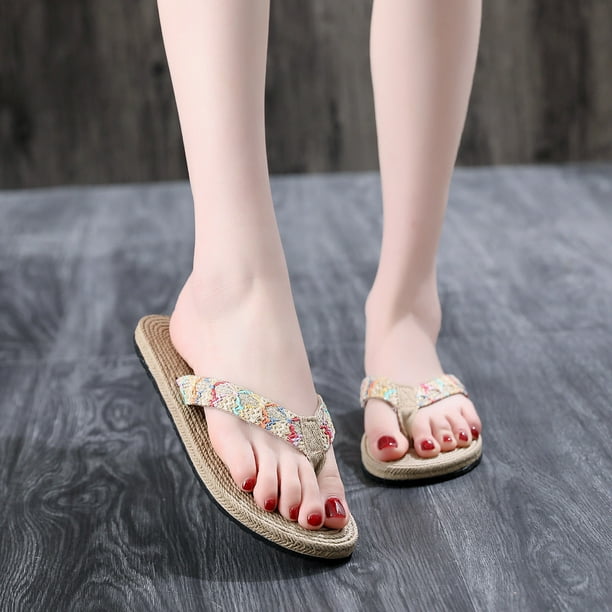 Chanclas de paja de imitación de playa de verano para mujer Chanclas de playa planas de moda Wmkox8yii hj789