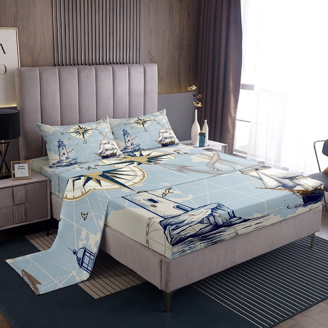 Erosebridal Compass Lighthouse Bed Sheets Set Full Size,Nautical Boat Bedding Full Size,Ocean Theme Decor,Breathable,4pcs