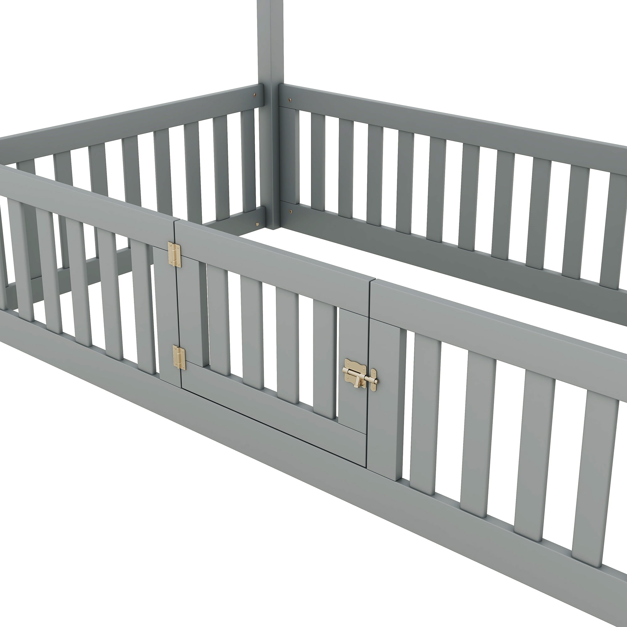 Euroco Twin Size Low House Bed with Fence and Door, Gray
