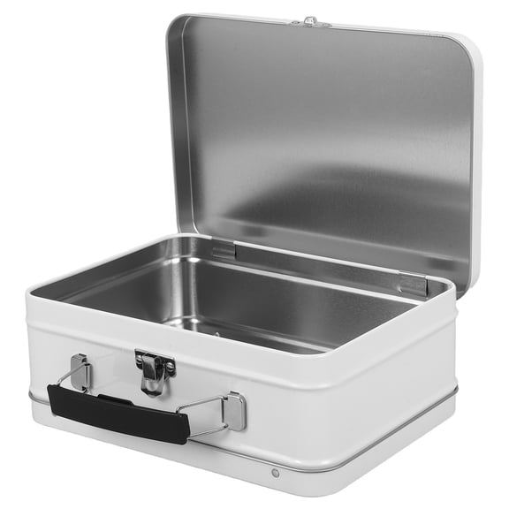 OUNONA White Tin Storage Box with Handle and Lock for Jewelry Candy and Coffee