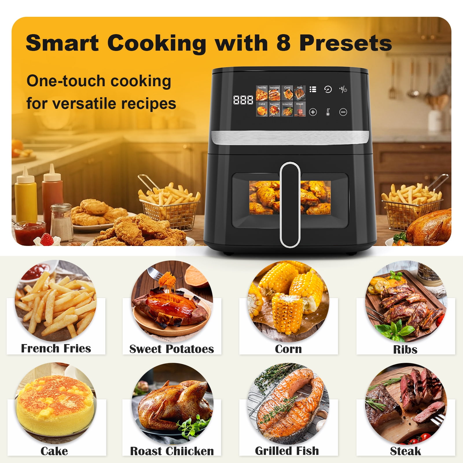 Bluebow 8QT Air Fryer, 8-in-1 Presets Electric Hot Oven with Digital LED Touchscreen, Non-stick Dishwasher-Safe Basket, Easy View Window, Black