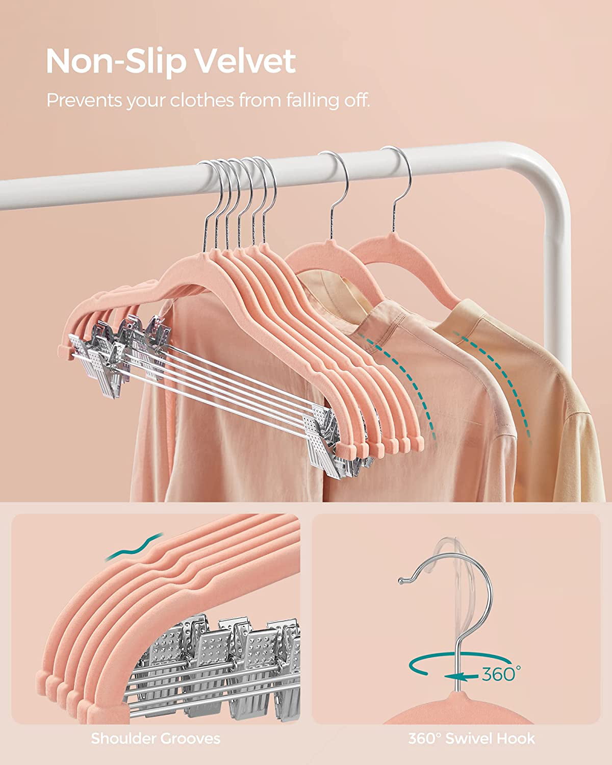 SONGMICS 24 Pack Pants Hangers, 16.7 inch Coat Hangers with Rose Gold Colored Movable Clips