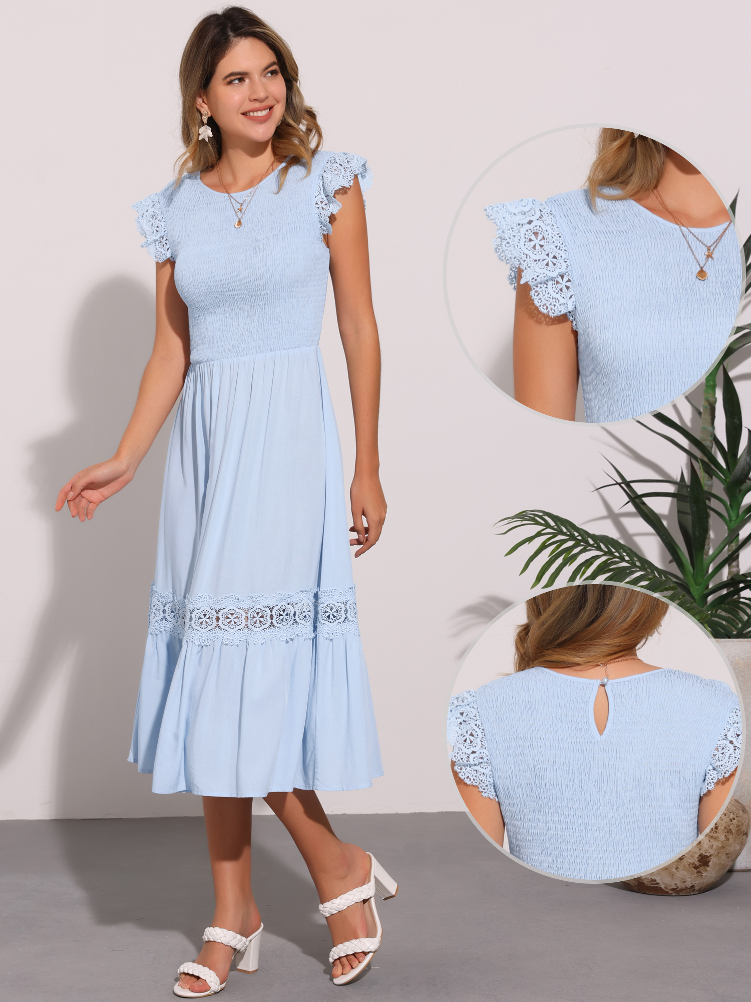 DARING DIVA Boho Midi Flutter Sleeve Lace Trim Ruffle Beach Dress S Blue