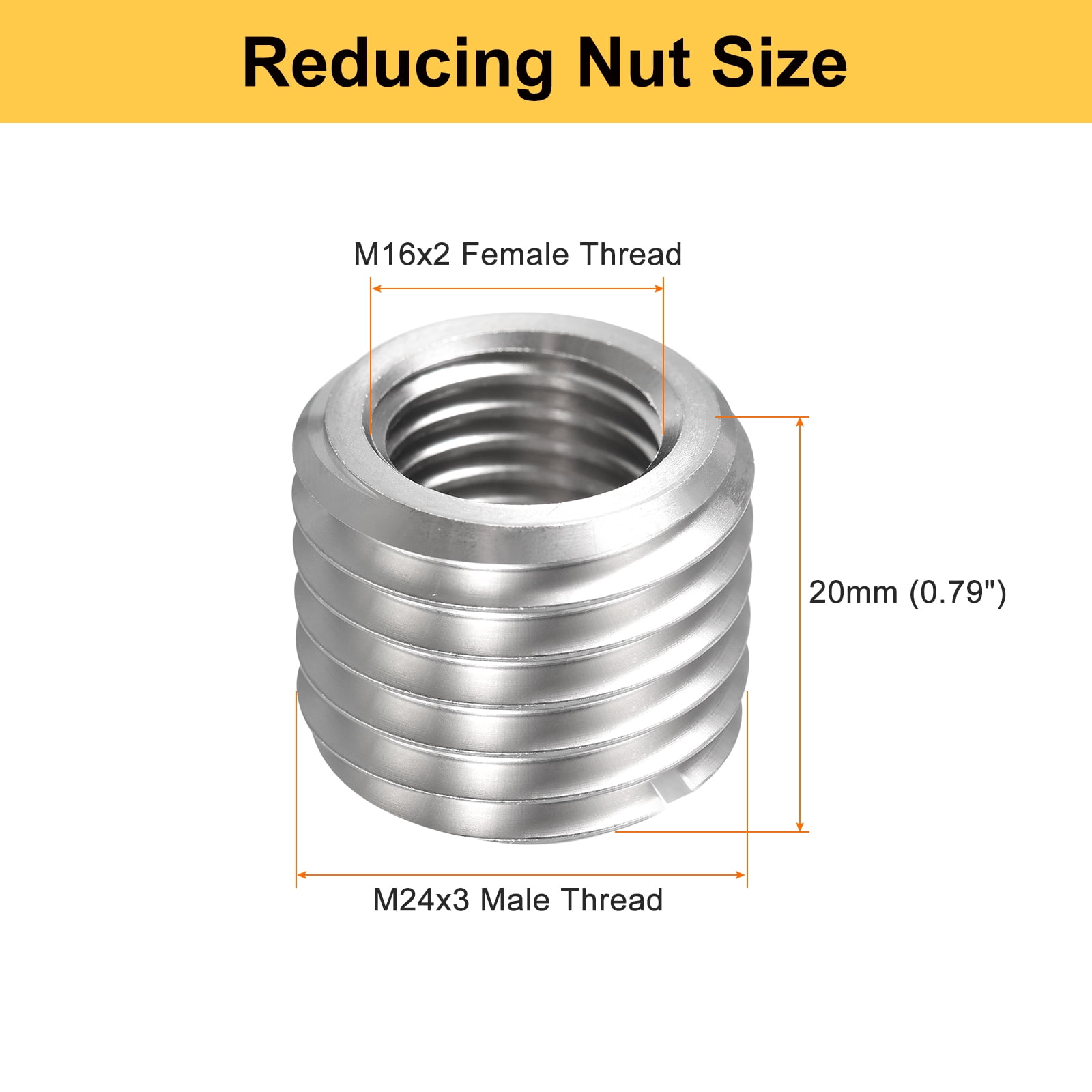 Uxcell 8pcs Thread Repair Inserts M24 x 3 Male to M16 x 2 Female Thread 20mm Long Stainless Steel Reducing Nuts Metric Self Tapping Sleeves