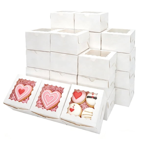 XINHPKGG 100pcs Cookie Boxes 4x4x2.5 Inch Bakery Boxes with Window Treat Box Dessert Box for Wedding Favors Party Mother's Day - White