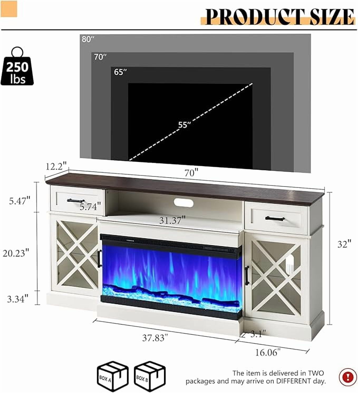 PLAUIN Farmhouse LED Fireplace TV Stand, 3-Sided Glass Fireplace, Large Entertainment Center