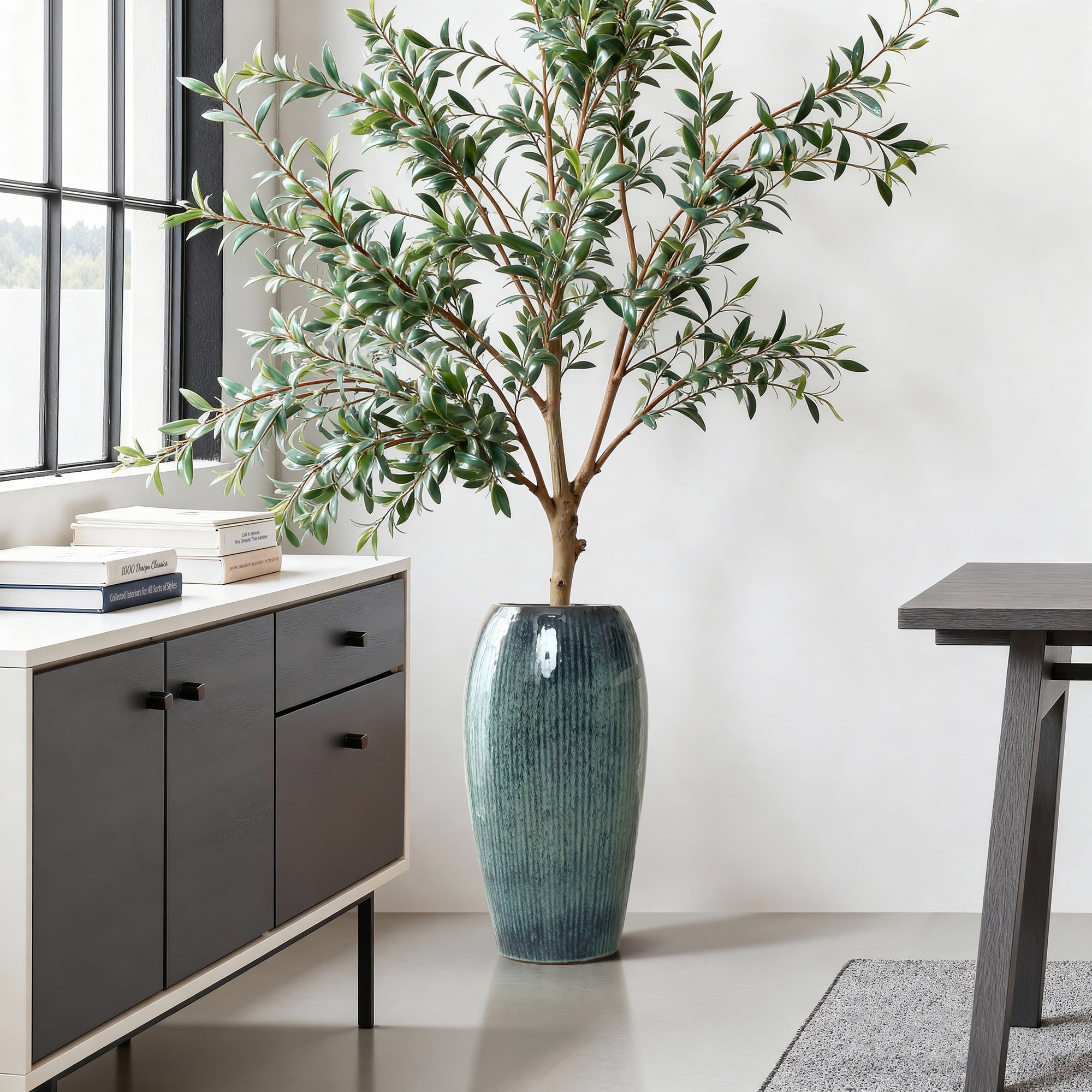 LuxenHome 23" Tall Ceramic Planter, Large Plant Pots with Drainage Hole, Blue