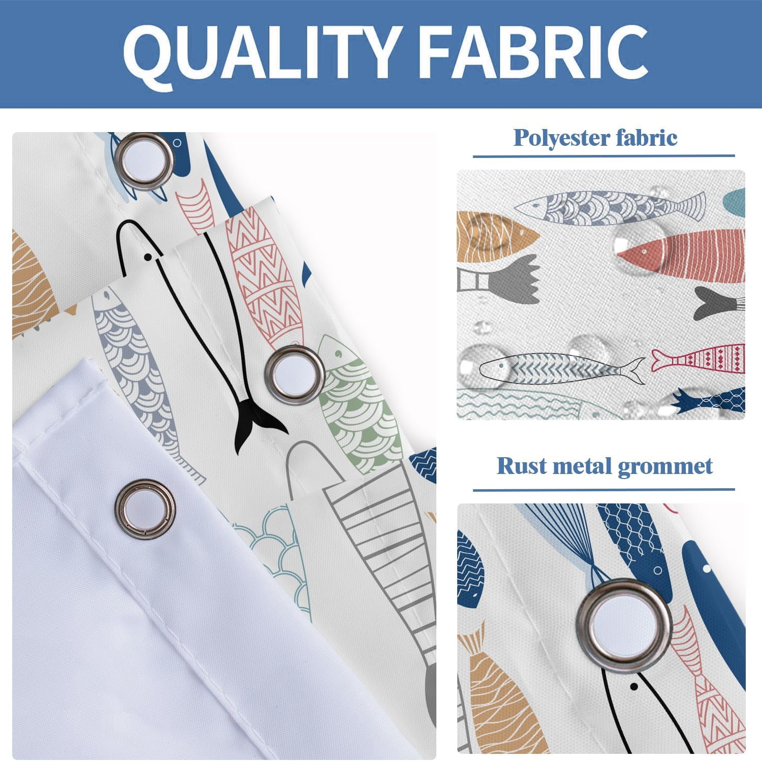 Fish Shower Curtain Nautical Beach Boys Kids Teen Navy White Coastal Ocean Sea Lake Blue Red Green Gray Yellow Extra Long XL Large Home Bathroom Decor Bathtub Set with 12 Hooks, 72x84, Colorful